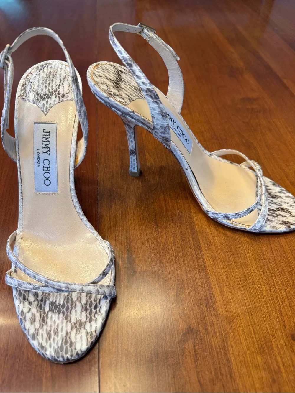 Jimmy Choo White Snake-Print Slingback Heels